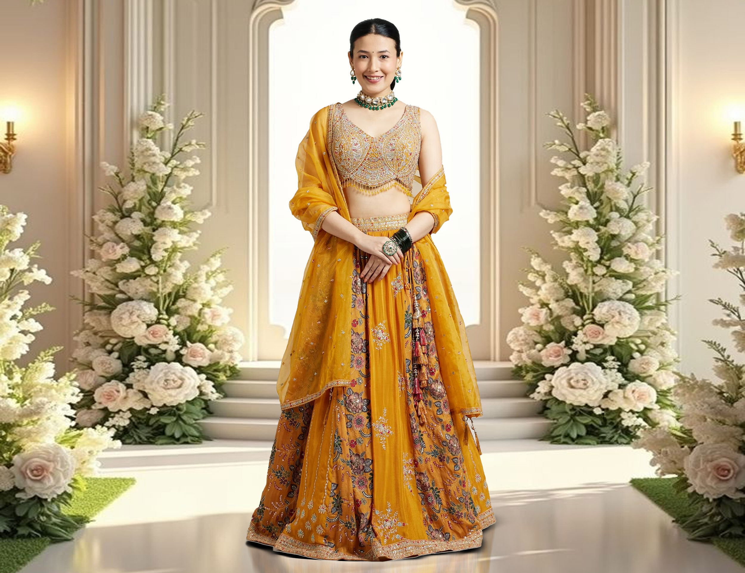 Women wearing elegant and stylidh yellow lehenag for mothers day celebration
